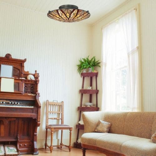 Plafonnier de style Tiffany Victory couleur Bronze, marque Elstead Lighting, comportant de nombreux détails